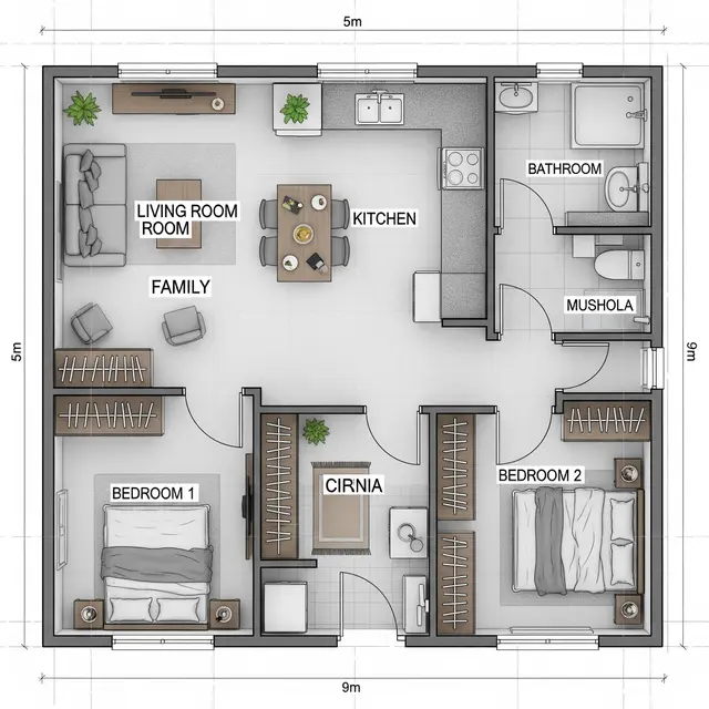 Denah Rumah 5x9 dengan 2 Kamar Tidur