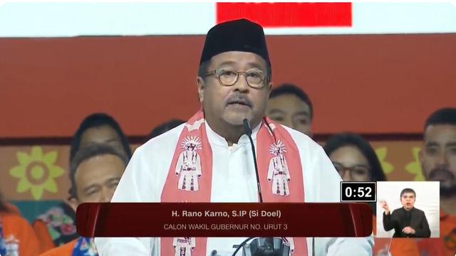 Calon Wakil Gubernur nomor urut 3 Rano Karno saat debat kedua Pilgub Jakarta 2024.