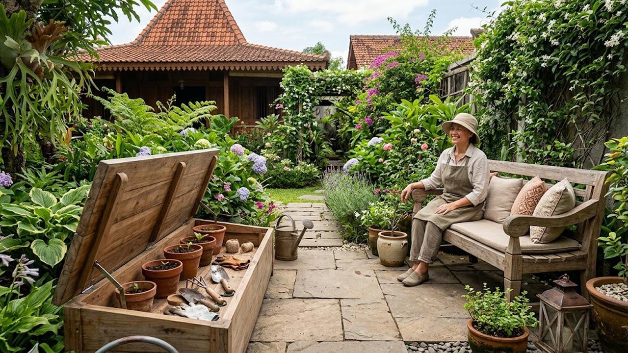 Ide Tempat Penyimpanan Pot dan Alat Berkebun yang Menyatu dengan Taman/AI Generated