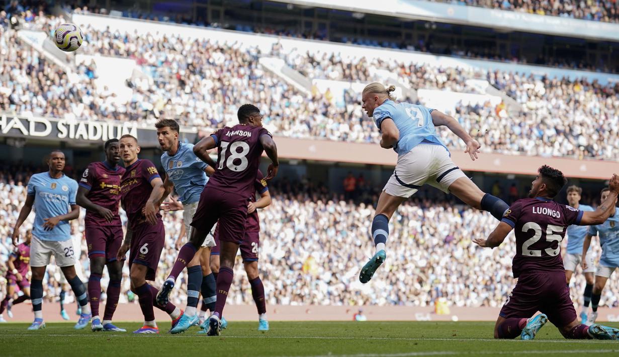Ini adalah hattrick ketujuh Erling Haaland di Premier League dan gol keempatnya dari dua laga di Premier League 2024-2025. (AP Photo/Dave Thompson)