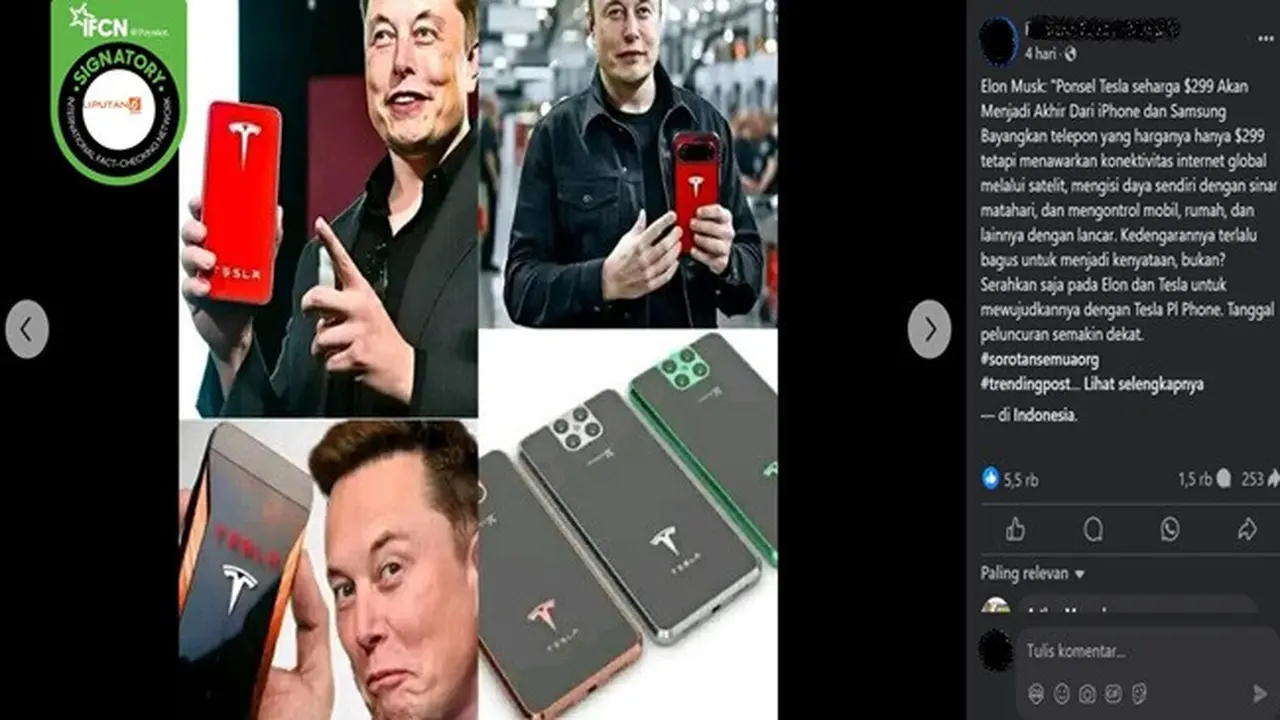 Gambar tangkapan layar kabar tentang Elon Musk telah meluncurkan ponsel Tesla dengan harga USD 299. (sumber: Facebook)