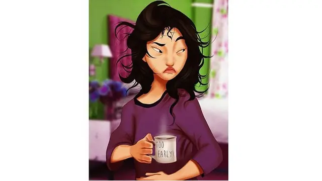 Mulan bukan tipikal orang yang suka bangun pagi deh, ia terlihat cemberut.