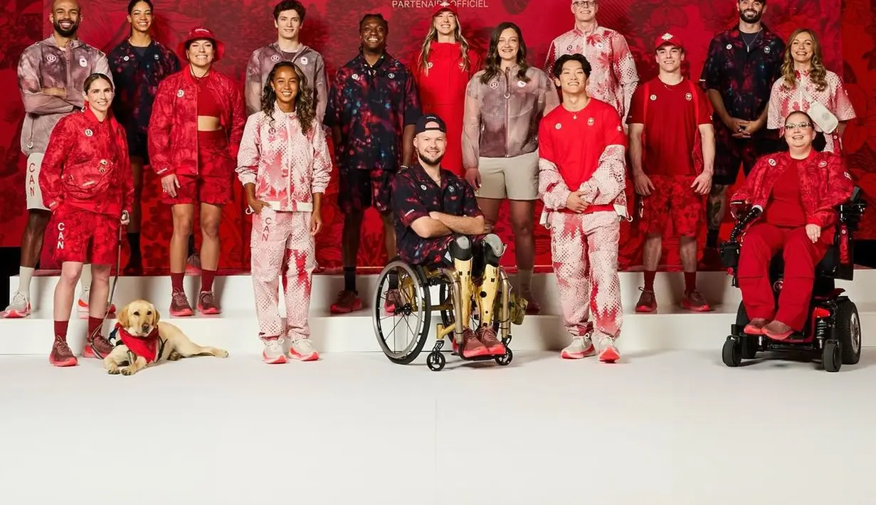 Timnas Kanada mengenakan seragam seremonial rancangan merek lokal, Lululemon dengan nuansa merah. Pakaian atletik ini dirancang secara khusus dengan nuansa merah putih. [@lululemon]