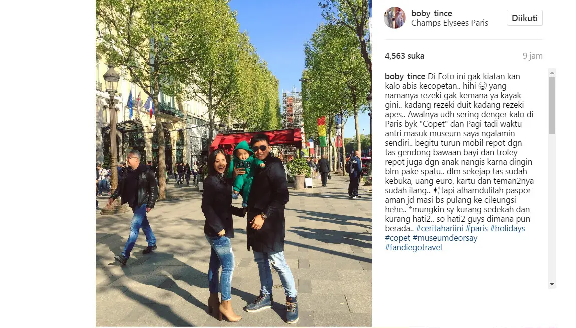 Walau kecopetan di Paris, Boby Tince tetap tersenyum (Foto: Instagram)