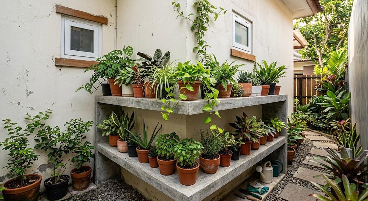 9 Desain Rak Tanaman Permanen dari Beton di Sisi Rumah, Solusi Lahan Sempit