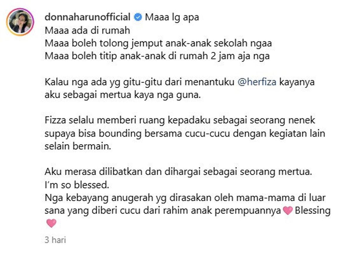 Sering Dititipi Cucu, Donna Harun Justru Merasa Bersyukur dan Dilibatkan