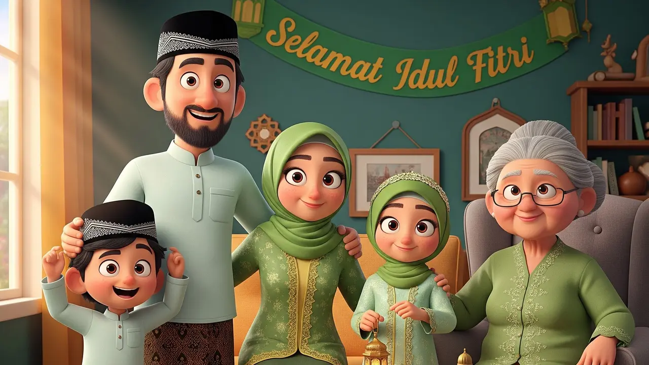 Foto keluarga lengkap animasi 3D pixar (Gemini AI)