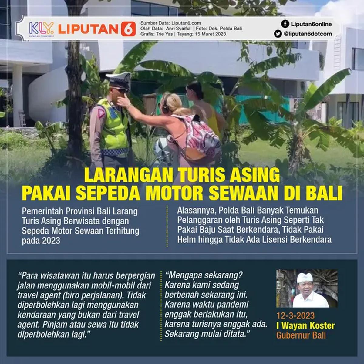 Infografis Larangan Turis Asing Pakai Sepeda Motor Sewaan di Bali. (Liputan6.com/Trieyasni)