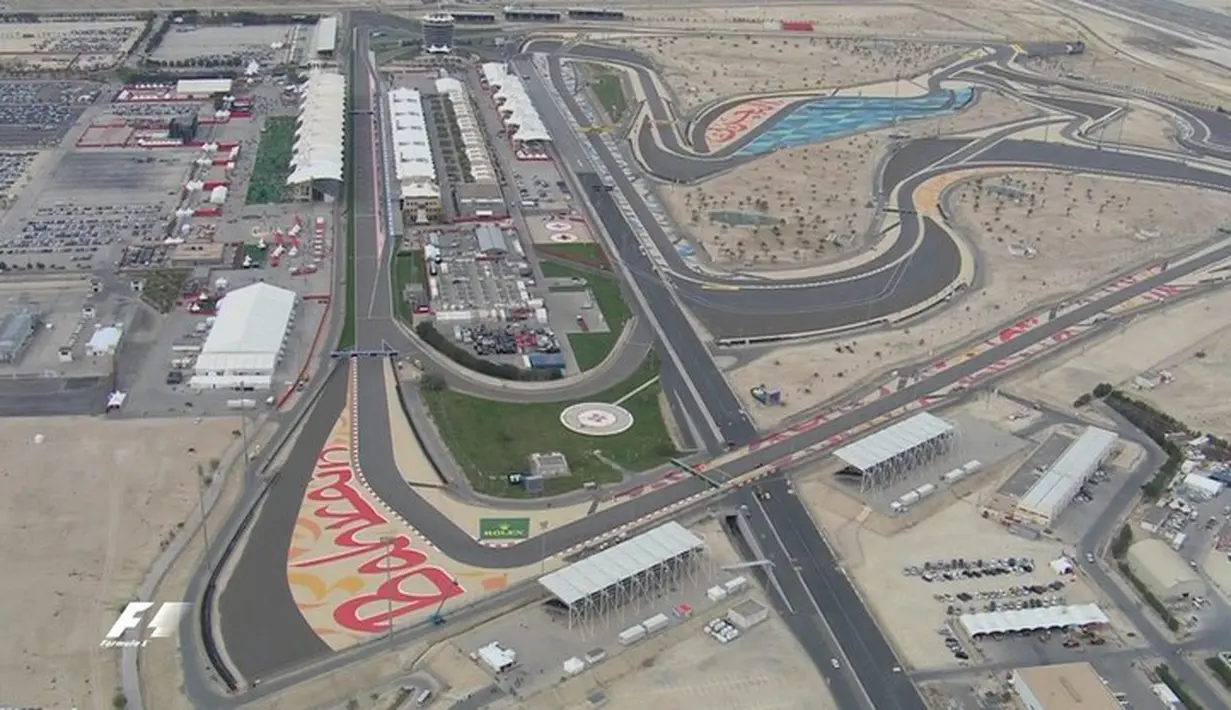 Inilah Sirkuit Internasional Sakhir, Bahrain, dilihat dari udara. (Bola.com/Twitter/F1)