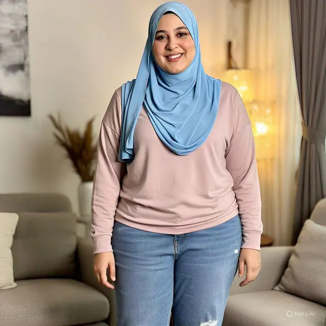 Outfit Casual Wanita Hijab Berisi dengan Boyfriend Jeans dan Atasan Dua Warna