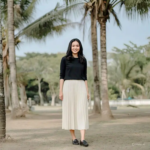 Model wanita memakai kemeja hitam dengan rok plisket warna nude/Meta AI