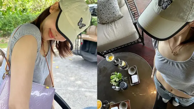 Nayeon Twice tampil kasual dengan kaus dan aksesori topi