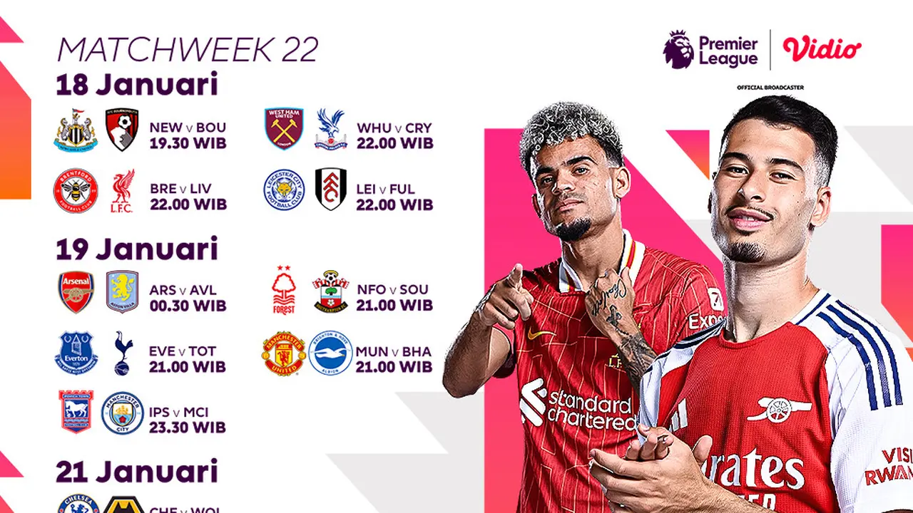 Jadwal Pertandingan Liga Inggris 2024/25 Matchweek ke 22 di Vidio