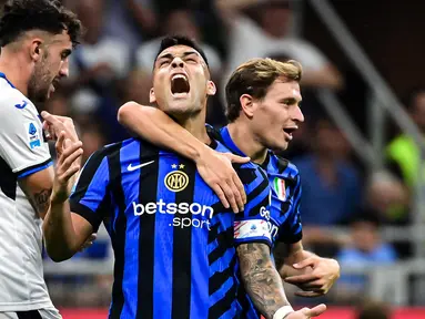 Ekspresi penyerang Inter Milan, Lautaro Martinez (tengah) saat pertandingan sepak bola Liga Italia Serie A melawan Atalanta di Stadion San Siro, Milan pada tanggal 30 Agustus 2024 atau Sabtu 31 Agustus 2024 dini hari WIB. (Piero CRUCIATTI/AFP)