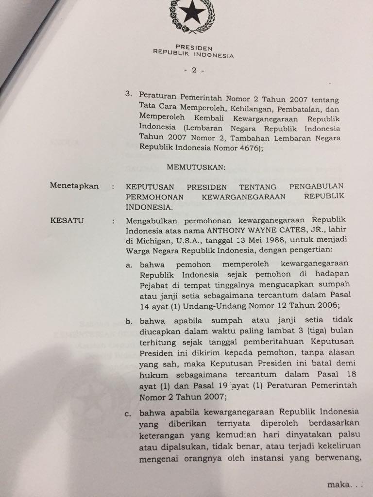 Kementrian Sekretariat Negara resmi mengabulkan permohonan naturalisasi Anthony Wayne Cates Jr. (Kemensekneg)