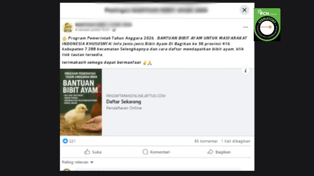 Tangkapan layar klaim tautan pendaftaran untuk mendapatkan bantuan bibit ayam dari pemerintah tahun anggaran 2026 yang beredar di Facebook. Cek faktanya