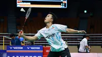 Tunggal putra Indonesia Anthony Sinisuka Ginting mengalahkan&nbsp;Yushi Tanaka dari Jepang dengan skor identik 21-17 dan 21-17 pada&nbsp;babak 32 besar Korea Open 2025 di Suwon Gymnasium, Rabu (24/9).&nbsp;(foto: PBSI)