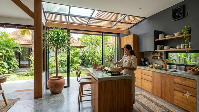 Inspirasi Dapur Bergaya Tropical Minimalist yang Bikin Suasana Masak Terasa Segar Seperti di Resort Model dengan Atap Kaca Sebagian