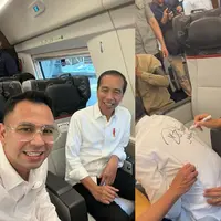 Raffi Ahmad menjadi salah satu rombongan artis yang menjajal Kereta Cepat Jakarta Bandung (KCJB). Tidak hanya berkesempatan bisa makan bareng presiden, pria dua orang anak itu juga mendapat tanda tangan dari presiden di bajunya. [Instagram/raffinagita1717]