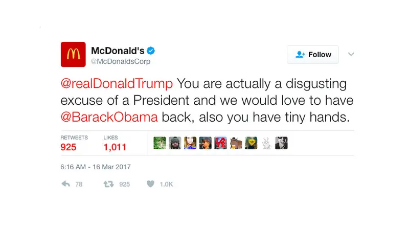 Akun Twitter McDonald's singgung Donald Trump