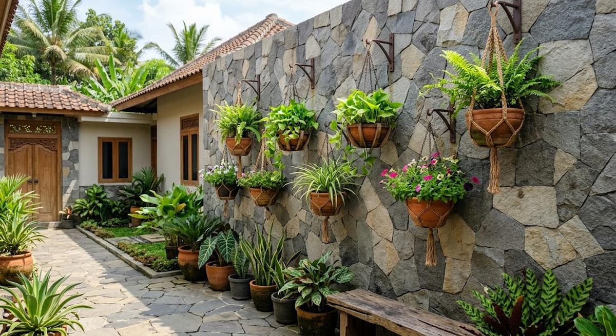 Model dinding belakang rumah dengan kombinasi batu alam dan tanaman model dengan pot tanaman gantung