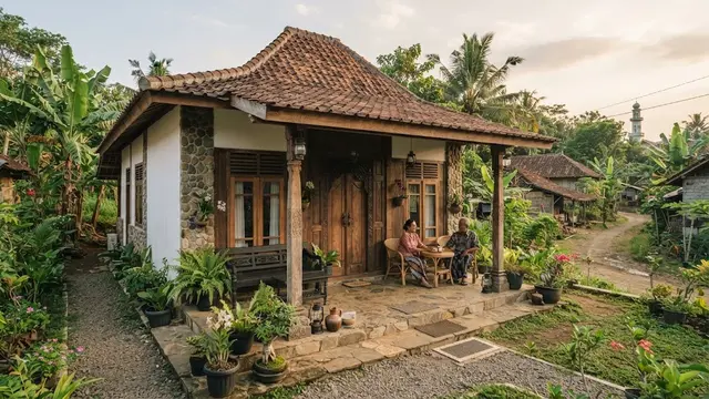 Rumah kampung dengan kayu dan batu alam yang nyaman untuk masa tua model satu lantai dengan teras kayu