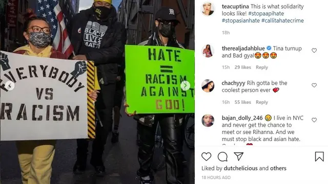 Rihanna ikut demo menentang kekerasan anti-Asia. (Instagram/ teacuptina)