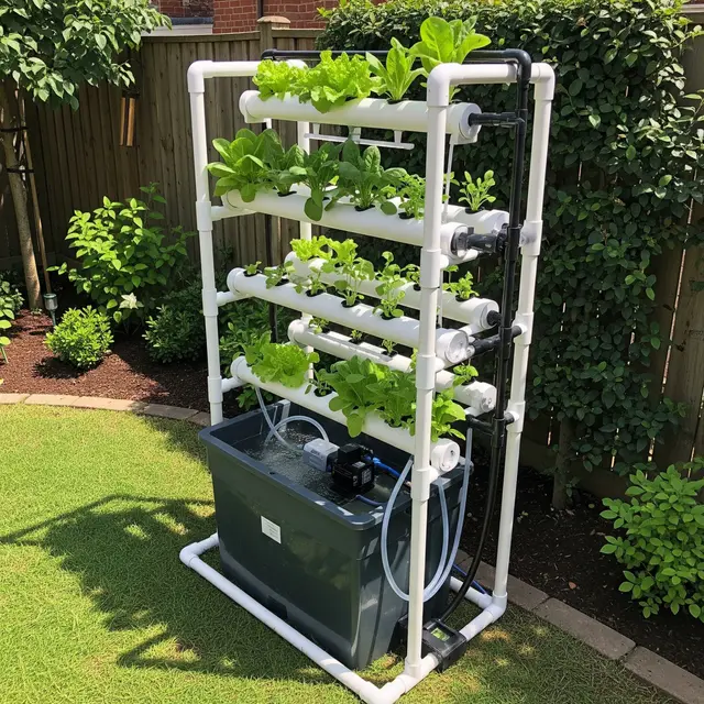 Model Halaman Belakang Rumah Kecil dengan Kebun Hidroponik Modern (Image by Gemini AI)