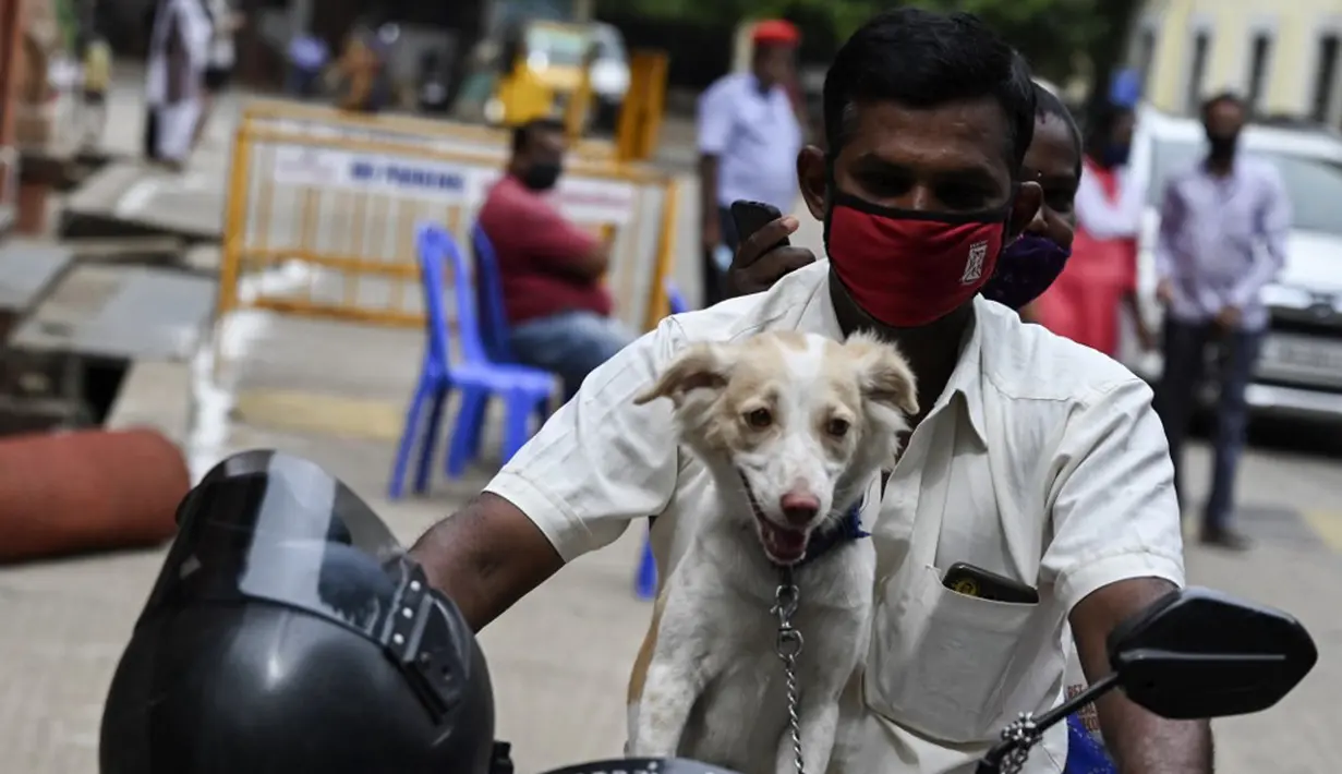 Seorang pria tiba dengan sepeda motor untuk menyuntik anjing peliharaannya dengan dosis vaksin antirabies pada kesempatan Hari Rabies Sedunia di Rumah Sakit Universitas Hewan Tamil Nadu, Chennai, Rabu (29/9/2021). Hari Rabies Sedunia diselenggarakan pada 28 September. (Arun SANKAR/AFP)