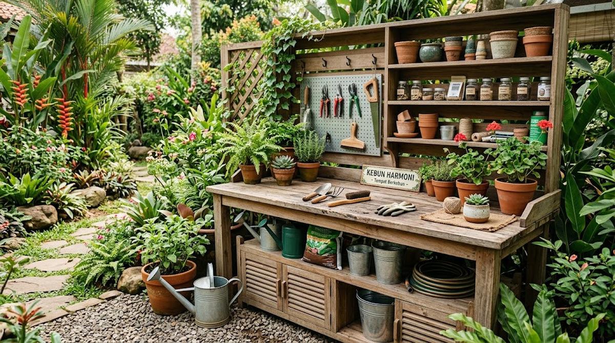 Ide Tempat Penyimpanan Pot dan Alat Berkebun yang Menyatu dengan Taman/AI Generated