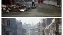 Gambar kombinasi memperlihatkan orang di sekitar puing bangunan pasca gempa, 29 April 2015 (atas) dan lokasi yang sama di Kathmandu pada 17 Februari 2016. Gempa pada April dan Mei 2015 menewaskan lebih dari 8.000 orang di Nepal (REUTERS/Navesh Chitrakar)