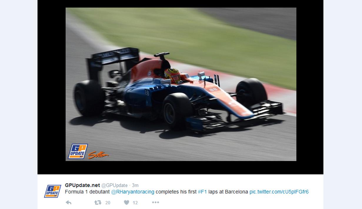 Rio Haryanto saat beraksi di atas mobil Manor Racing bernomor 88 dalam tes pramusim F1 di Sirkuit Catalunya, Barcelona, Spanyol, (Bola.com/Twitter)