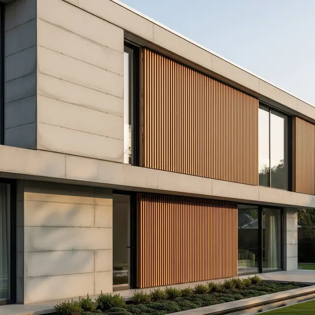 Fasad Modern dari Perpaduan Beton, Kaca, dan Kayu (AI Generated)