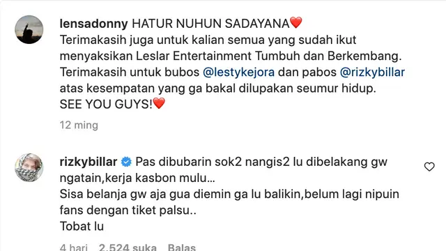 Komentar Rizky Billar di unggahan lawas Donny Ramadhan. (Foto: Dok. Instagram @lensadonny)