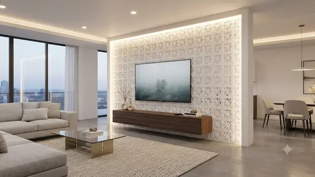 Dinding TV dengan Kombinasi Roster dan Lampu LED