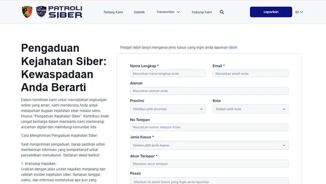 Tangkapan layar situs Patroli Siber Bareskrim Polri