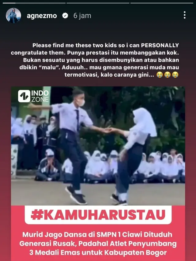 Unggahan Agnez Mo soal prestasi siswa-siswi SMPN 1 Ciawi, Bogor. (Foto: Dok. Instagram @agnezmo)