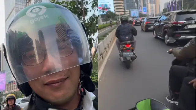 Ridwan Kamil memakai ojek online melewati jalanan macet Jakarta