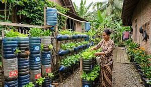 Kebun Hidroponik dari Galon Bekas Tanpa Listrik (created by AI)