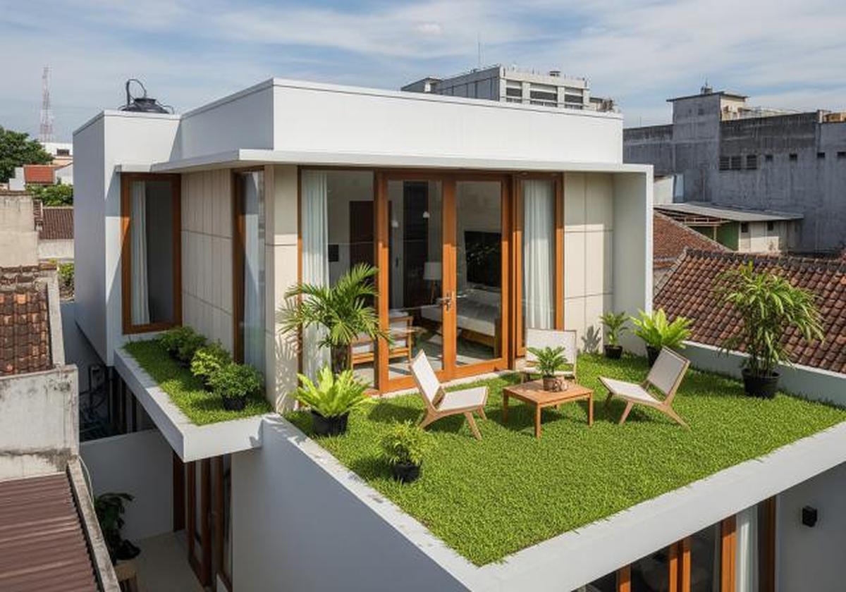 Taman Atap Minimalis dengan Rumput/Rumah Compact dengan Atap Tanaman Hijau Anti Panas dan Bocor (Sumber: gemini.com)