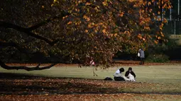 Pasangan berbincang saat menikmati cuaca musim gugur di Gyoen Park di Tokyo (5/12/2019). Gyoen Park telah menjadi taman nasional di bawah yuridiksi Kementerian Lingkungan Hidup Jepang. (AFP/Charly Triballeau)