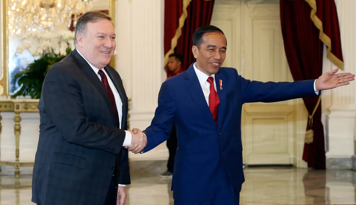 Presiden Joko Widodo menerima kunjungan Menteri Luar Negeri AS Mike Pompeo di Istana Merdeka, Jakarta, Minggu (5/8). Dalam pertemuan tersebut membahas sejumlah isu mulai dari kerja sama ekonomi kedua negara. (AP Photo/Achmad Ibrahim, Pool)