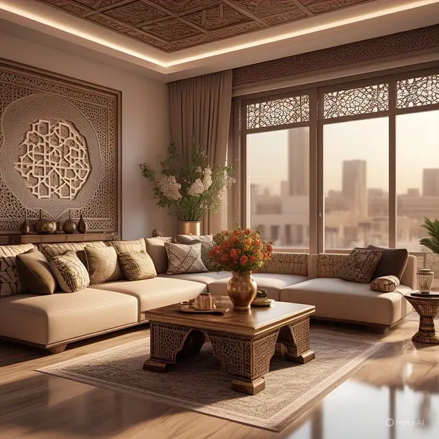 Gambar desain ruang tamu arabian style alias ruang tamu khas arab. (Foto: Meta AI)