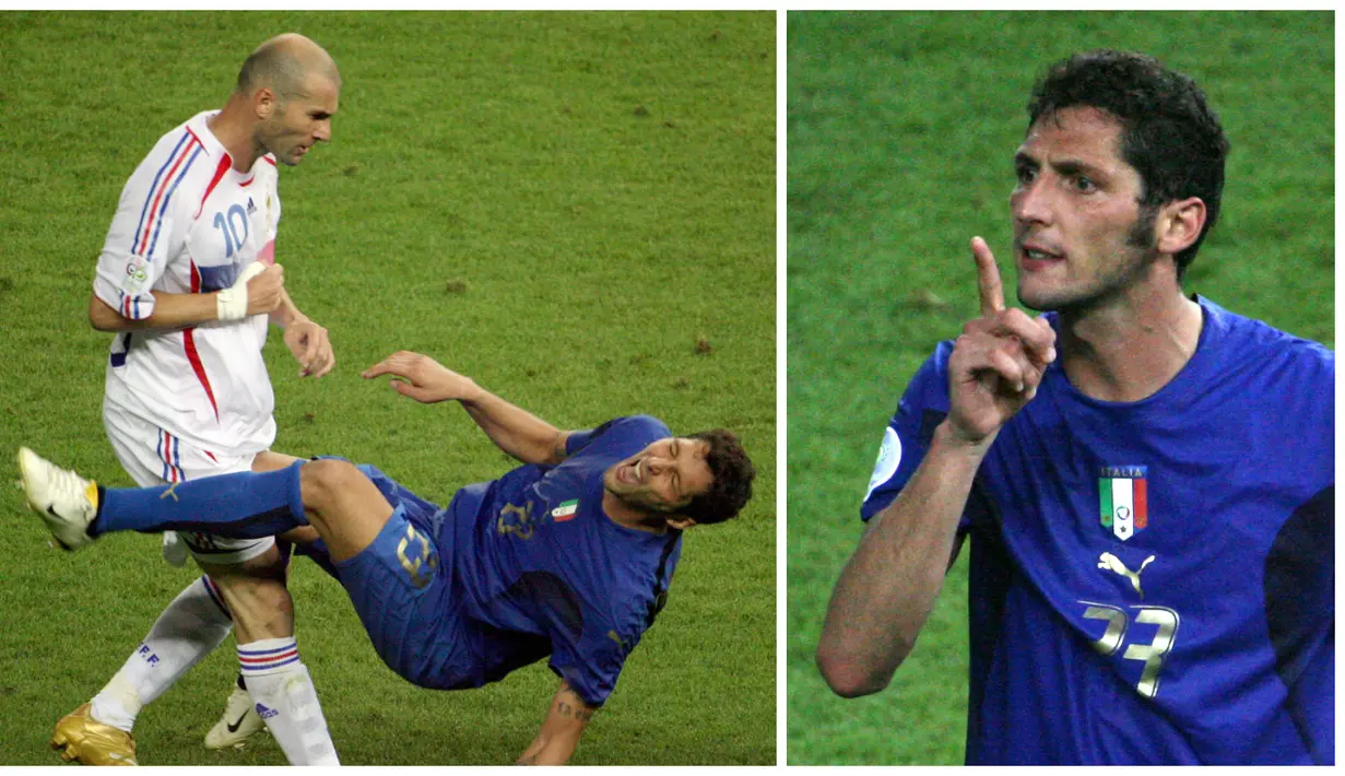 1. Marco Materazzi, bek Italia ini dianggap sebagai provokator yang menyebabkan Zinedine Zidane mendapat kartu merah pada final Piala Dunia 2006. Dalam laga di Olympiastadion itu Prancis akhirnya kalah adu penalti dari Italia. (AFP/John Macdougall)