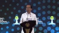 Presiden Jokowi saat memberikan pidato pembukaan Rakernas HIPMI Tahun 2023 di ICE BSD Tangerang. (Istimewa)