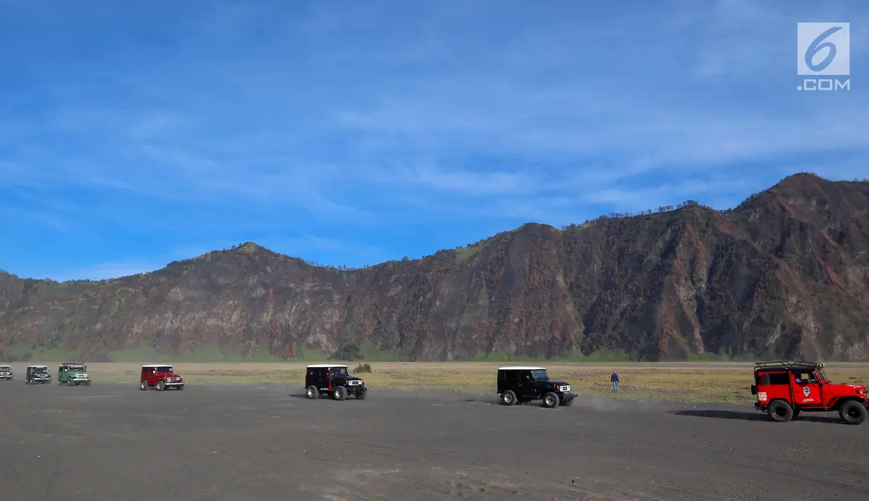 Mobil Toyota jeep melaju kencang membawa wisatawan menuju kawasan Gunung Bromo di Taman Nasional Bromo Tengger Semeru, Jawa Timur, Sabtu (4/11). (Liputan6.com/Fery Pradolo)