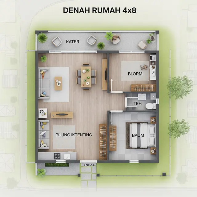 Denah Rumah 4x8 Sederhana di Desa untuk Keluarga Kecil tanpa Terasa Sempit