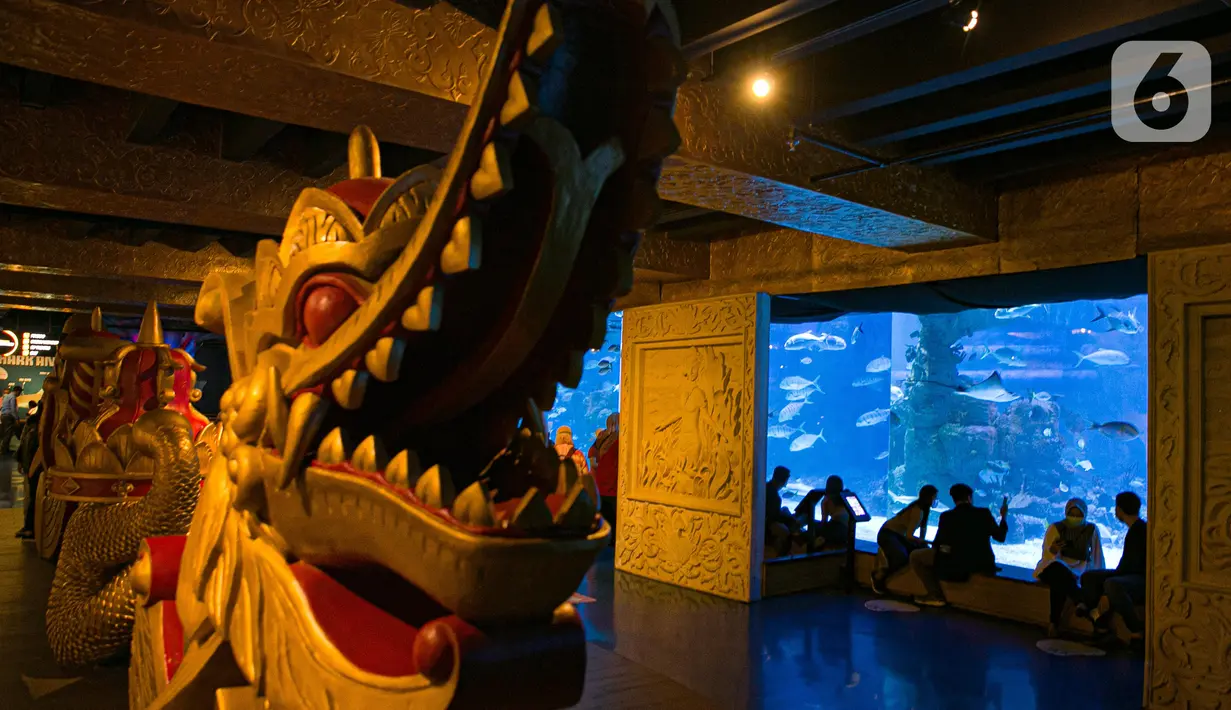 Pengunjung menyaksikan koleksi satwa Jakarta Aquarium & Safari di Jakarta Barat, Jumat (12/2/2021). Jakarta Akuarium merupakan tempat konservasi alam dan satwa laut yang memiliki konsep edutainment sekaligus menjadi destinasi wisata untuk warga menghabiskan libur Imlek. (Liputan6.com/Faizal Fanani)