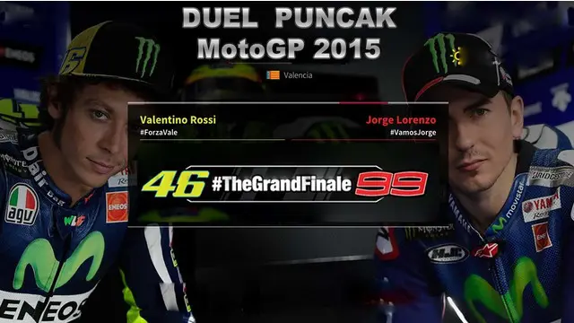 Berita video tentang duel puncak Valentino Rossi vs Jorge Lorenzo memperebutkan titel juara dunia MotoGP 2015 di Sirkuit Valencia Spanyol, Minggu (08/11/2015).