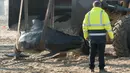 Petugas menggunakan alat berat untuk mengevakuasi paus pilot di Pantai Calais, Prancis, Senin (2/11). Enam dari 10 paus ditemukan sudah mati terdampar di pantai, sedangkan empat paus berhasil diselamatkan dan dikembalikan ke laut. (AFP/ Denis Charlet)